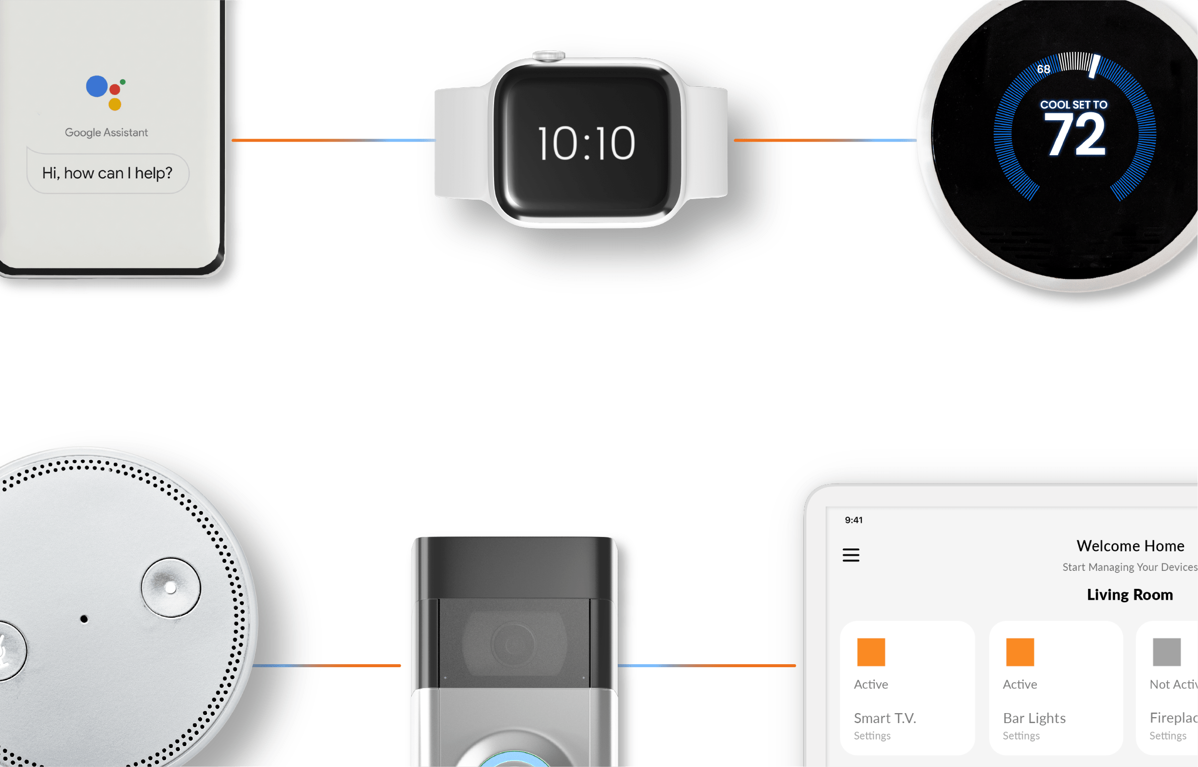A google phone with a line leading to an apple watch leading to a google nest.