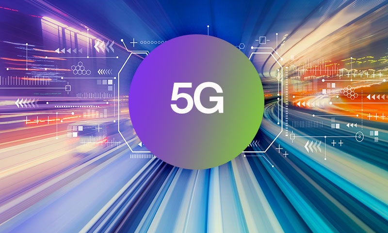 5G lettering on multi-colored background