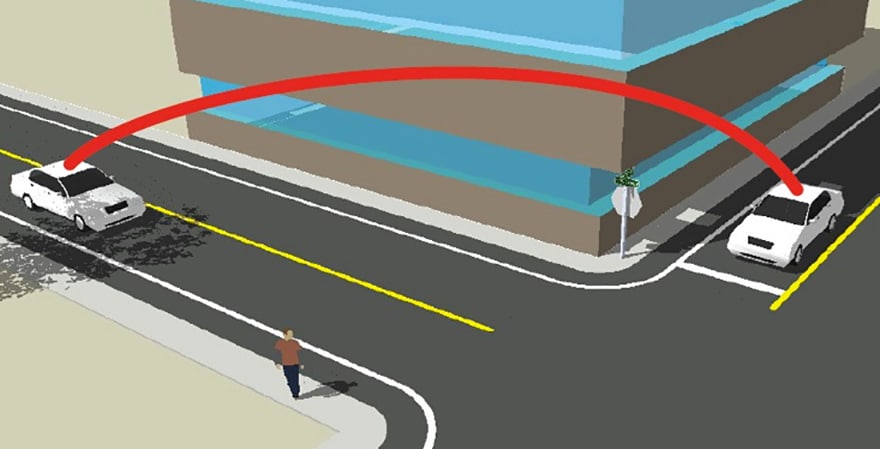 An illustration showing a car at a stop sign and another car driving down the facing road and a red curved line showing communication between both