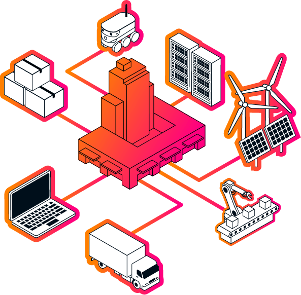 An industrial building in the center with boxes, industrial robots, servers, solar panels and windmills, trucks and computers attached to it by lines.