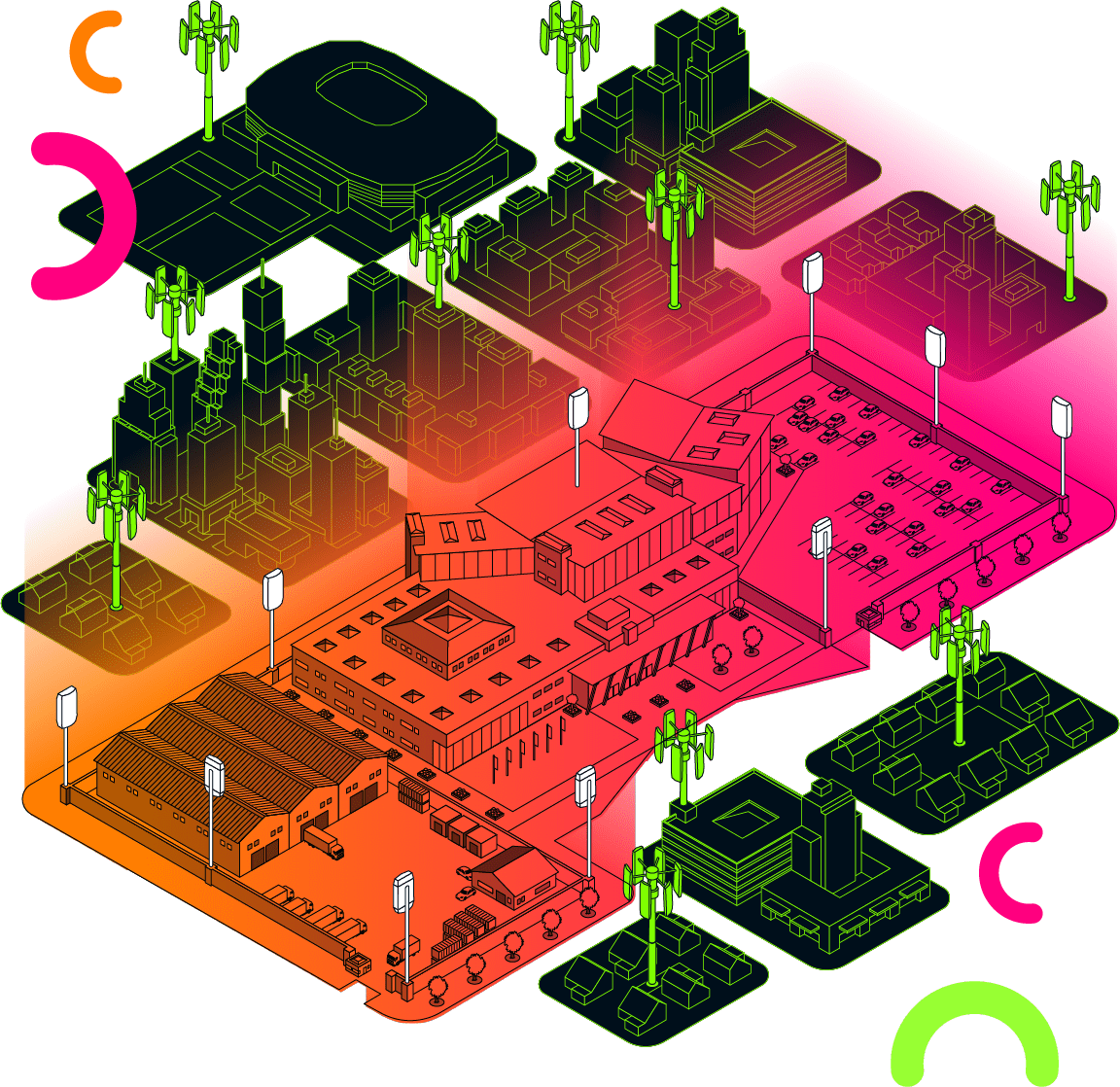 A city with large green RF towers and in the middle is a industrial complex that is highlighted to show the internal 5G network and how it contained.