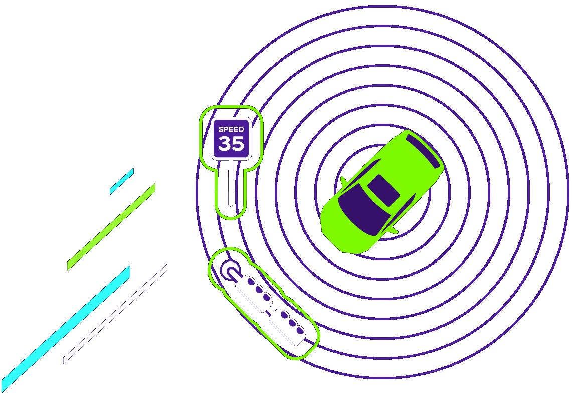 a car detecting a speed limit sign and a stop light