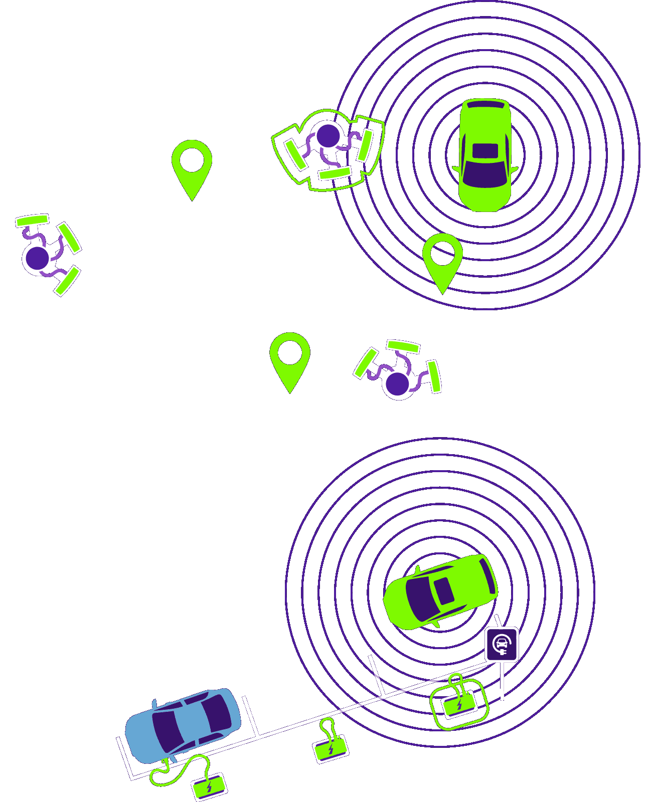 a car receiving information from a satellite and other cars hooking up to electronic chargers