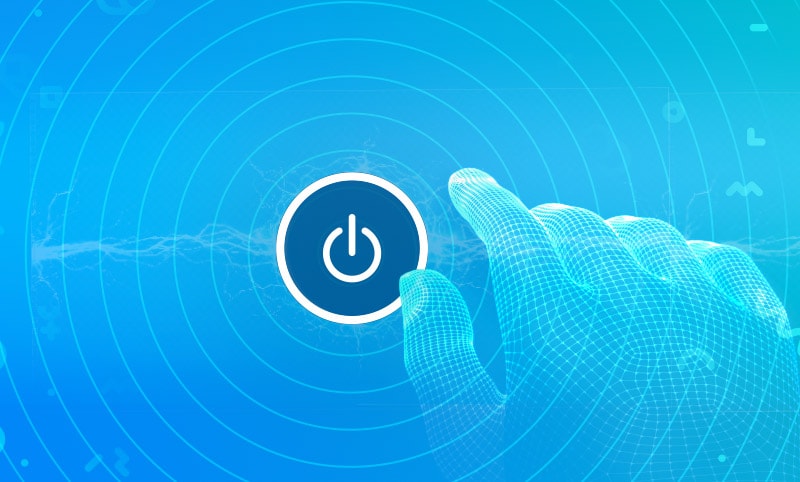 A visualization of an AI hand pushing a power button