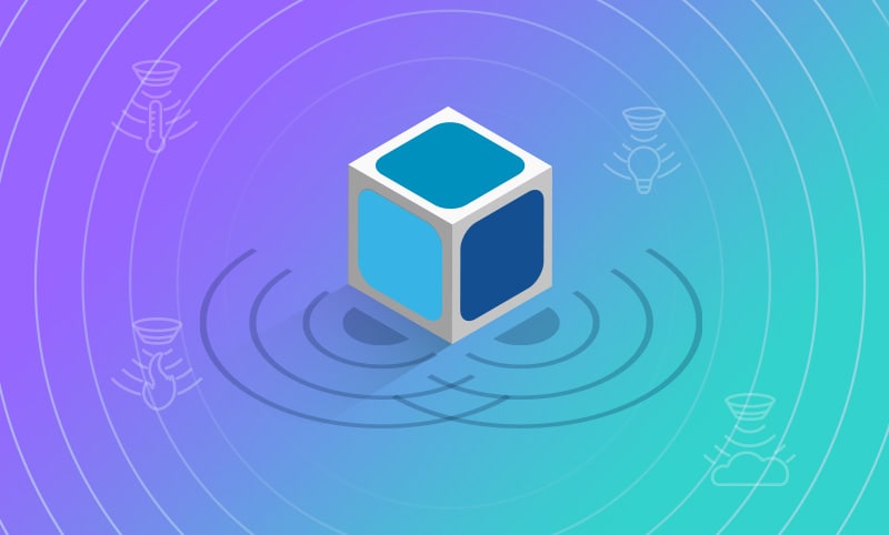 A square cube in the center of the image with signals coming from it