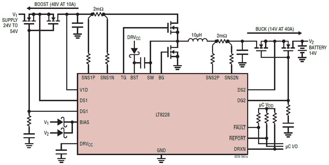 Schéma du circuit d'application - Analog Devices Inc. Contrôleurs buck-boost bidirectionnels LT8228