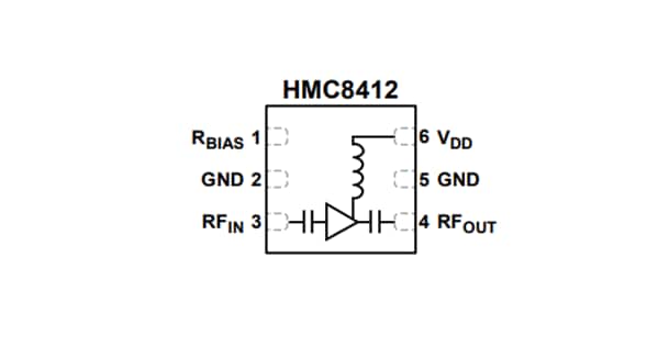 Schéma de principe - Analog Devices Inc. LNA à faible NF HMC8412 (de 0,4 GHz à 11 GHz)