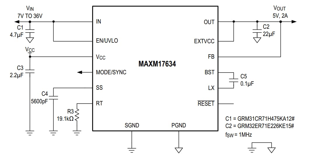 Schéma de principe - Analog Devices Inc. Modules d'alimentation MAXM17633, MAXM17634, MAXM17635