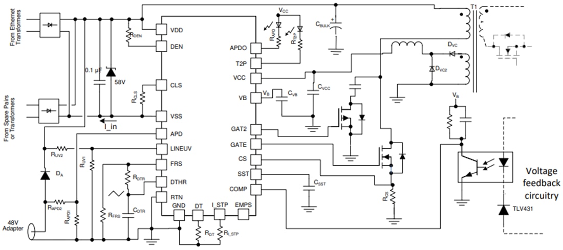 Schéma du circuit d'application - Texas Instruments CI PoE PD IEEE 802.3bt TPS23734