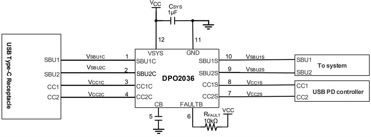 Schéma du circuit d'application - Diodes Incorporated Commutateur à protection contre les surtensions de la ligne de données DPO2036