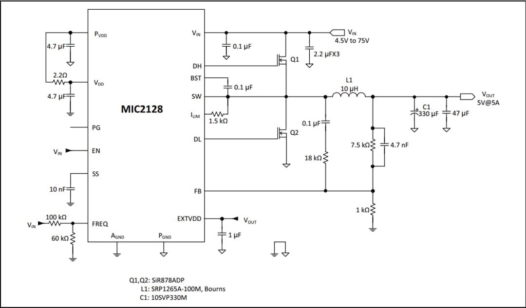 Schéma du circuit d'application - Microchip Technology Contrôleur Buck synchrone MIC2128