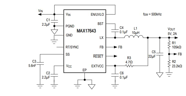 Schéma du circuit d'application - Analog Devices / Maxim Integrated Convertisseur CC-CC abaisseur MAX17643