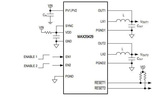 Schéma de principe - Analog Devices / Maxim Integrated Doubles convertisseurs Buck basse tension de 6 A MAX20429