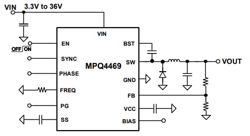 Application Circuit Diagram - Monolithic Power Systems (MPS) MPQ4469-AEC1 Switching Regulator