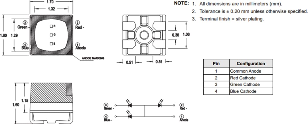 Plan mécanique - Broadcom DEL PLCC-4 tricolores ASCB-RTF2