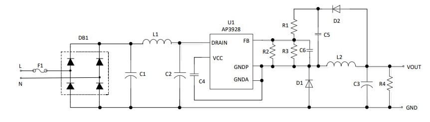 Schéma du circuit d'application - Diodes Incorporated Commutateur de puissance abaisseur CA universel AP3928