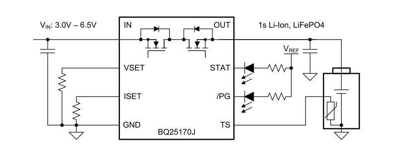 Schéma - Texas Instruments Chargeur de batterie linéaire 800 mA BQ25170J