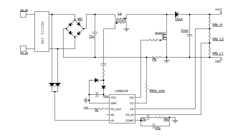 Schéma du circuit d'application - STMicroelectronics Contrôleurs PFC CCM L4986