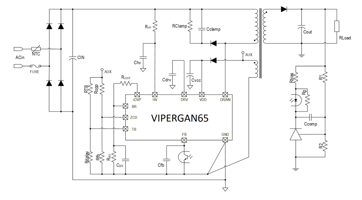 Schéma du circuit d'application - STMicroelectronics Convertisseur haute tension VIPERGAN65