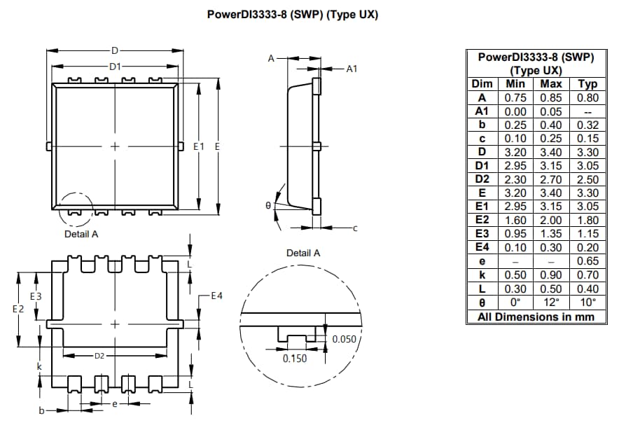 Plan mécanique - Diodes Incorporated MOSFET à mode d’amélioration à canal N DMTH46M7SFVWQ