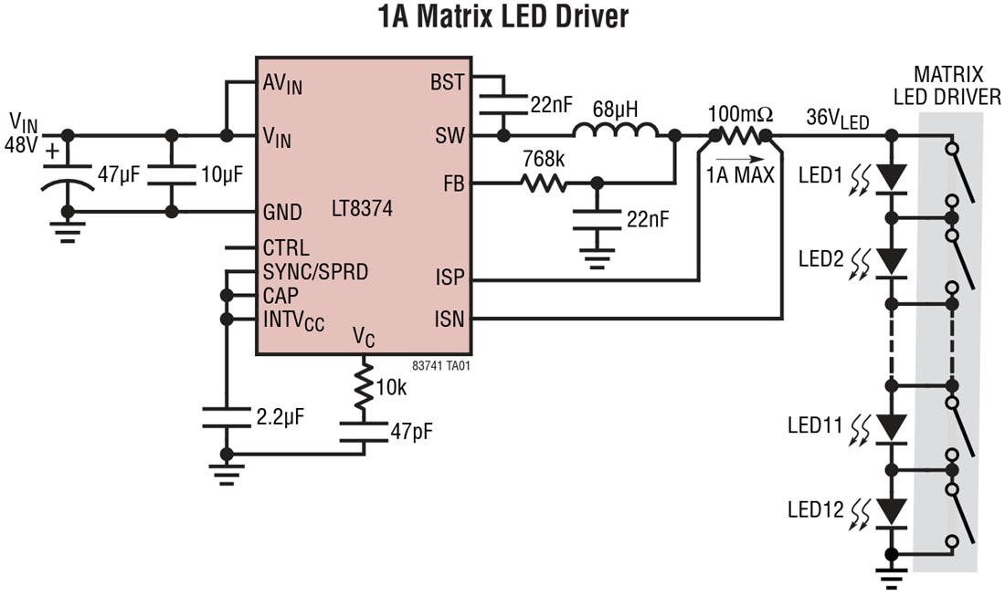 Schéma du circuit d'application - Analog Devices Inc. Pilotes LED abaisseurs synchrones LT8374 Schéma du circuit d'application - Analog Devices Inc. Pilotes LED abaisseurs synchrones LT8374