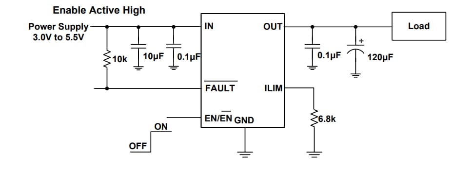 Schéma du circuit d'application - Diodes Incorporated Commutateurs à réglage de précision AP22654/AP22655 