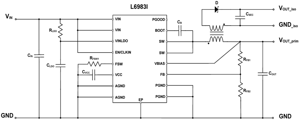 Schéma du circuit d'application - STMicroelectronics Carte d’évaluation Iso-Buck synchrone STEVAL-L6983IV1