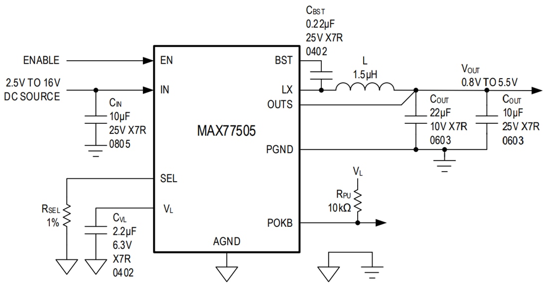 Schéma du circuit d'application - Analog Devices Inc. Convertisseur Buck à faible IQ 16 A MAX77505