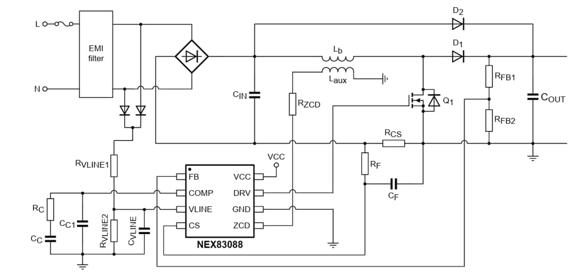 Schéma du circuit d'application - Nexperia Contrôleurs de correction du facteur de puissance (PFC) NEX8x88