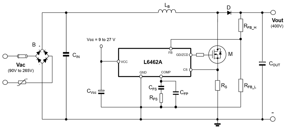 Schéma du circuit d'application - STMicroelectronics Contrôleur PFC Boost L6462A