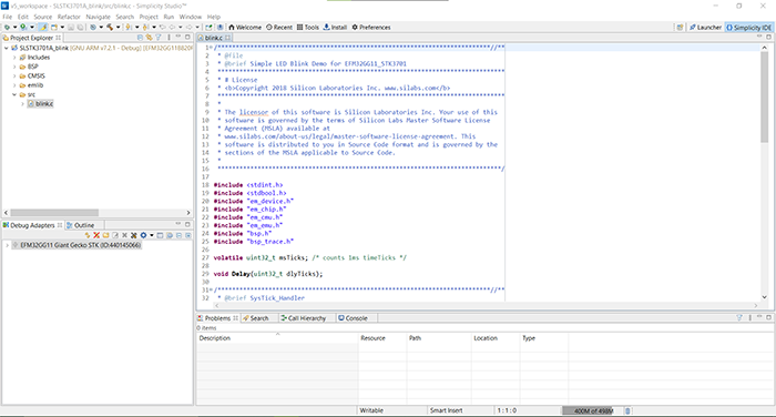 The main view of the Simplicity Studio IDE with an open project