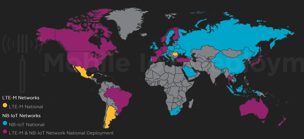 Mobile IoT Deployments map showing LTE-M and NB-IoT network coverage. (Source: GSMA)