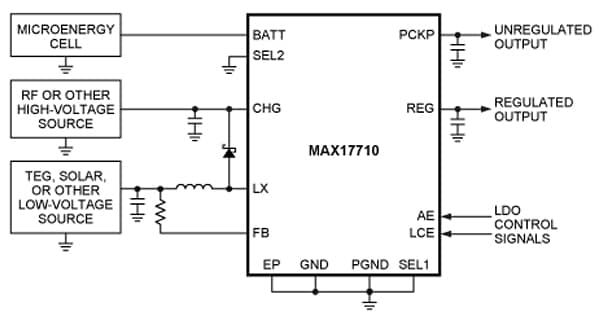 The MAX17710 shown in a typical application circuit harvesting from high-voltage charge sources.