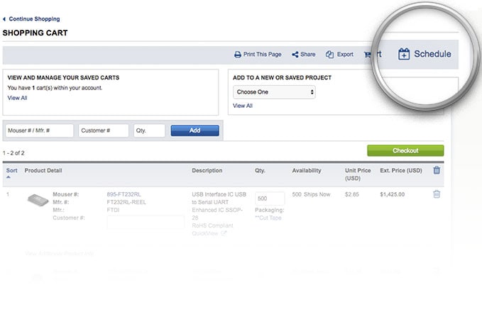 Panier Mouser Bouton « Planifier une commande » mis en évidence sur la page du panier.